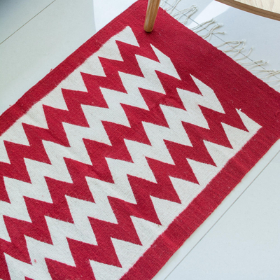 Zapotec wool rug, 'Path of Fire' (2x3.5) - Geometric Red and White Wool Area Rug (2x3.5)