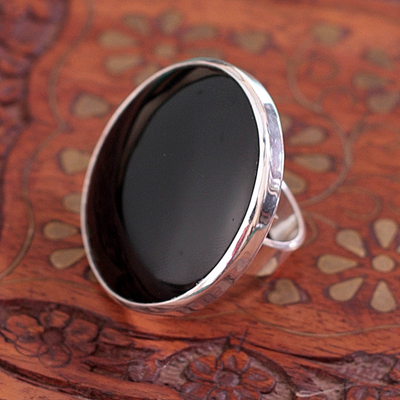 Obsidian large cocktail ring, 'New Moon over Taxco' - Mexican Fine Silver Cocktail Obsidian Ring