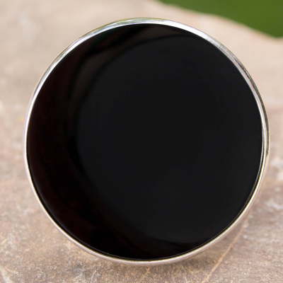 Obsidian large cocktail ring, 'New Moon over Taxco' - Outsized Mexican Fine Silver Cocktail Obsidian Ring