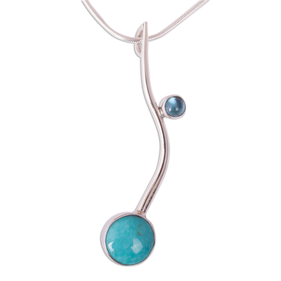 Turquoise and blue topaz pendant necklace, 'Taxco Eclipse' - Collectible Taxco Silver Natural Turquoise Necklace