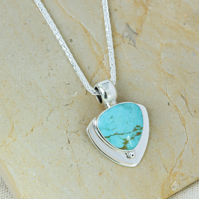 Turquoise pendant necklace, 'Pyramid of Friendship' - Modern Sterling Silver and Natural Turquoise Necklace