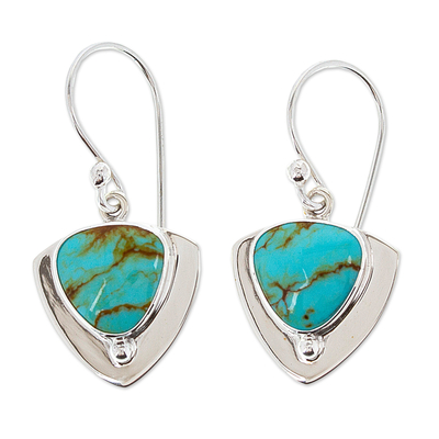 Turquoise dangle earrings, 'Pyramids of Friendship' - Unique Taxco Silver Turquoise Earrings