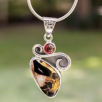 Garnet pendant necklace, 'Aztec Gargoyle' - Handcrafted Modern Silver Calcite Obsidian Necklace