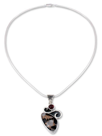 Garnet pendant necklace, 'Aztec Gargoyle' - Handcrafted Modern Silver Calcite Obsidian Necklace