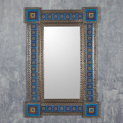 Large Hand Crafted Talavera Ceramic Mexican Tin Mirror Blue Hand Crafted Talavera Ceramic Mexican