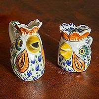 Majolica ceramic sugar bowl and creamer, 'Roosters' - Fair Trade Animal Themed Ceramic Hacienca Kitchen Set