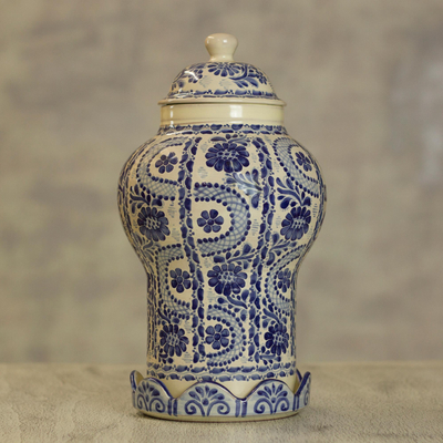 Ceramic jar, 'Path to Puebla' - Authentic Mayolica Ceramic Vase and Lid from Mexico