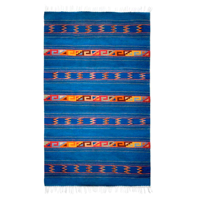 Zapotec wool rug, 'Warrior Life' (4x6.5) - Mexican Zapotec Blue Wool Area Rug (4x6.5)