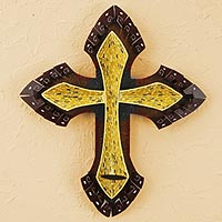 Iron and glass wall candleholder, 'Light of Faith' - Artisan Crafted Religious Glass Mosaic Wall Sconce