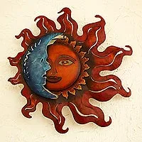 Iron wall candleholder, 'Eclipse Over Jalisco' - Handcrafted Sun and Moon Steel Wall Sconce from Mexico