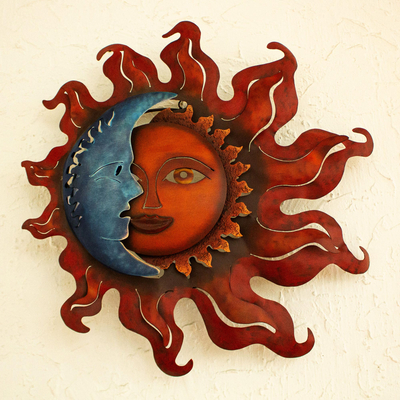 Iron wall candleholder, 'Eclipse Over Jalisco' - Handcrafted Sun and Moon Steel Wall Sconce from Mexico