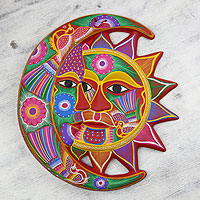 Adorno de pared de cerámica, 'Eclipse floreciente' - Arte de pared de cerámica de sol y luna hecho a mano