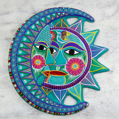 Adorno de pared de cerámica - Arte de pared de pájaros de cerámica de sol y luna hecho a mano