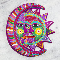 Adorno de pared de cerámica, 'Eclipse Mágico' - Arte de pared de cerámica de sol y luna de comercio justo