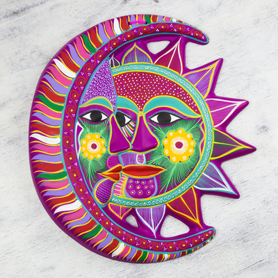 Ceramic wall adornment, 'Magical Eclipse' - Fair Trade Sun and Moon Ceramic Wall Art