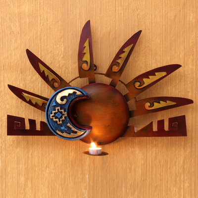 Iron wall candleholder, 'Aztec Eclipse' - Sun and Moon Steel Wall Sconce Candleholder