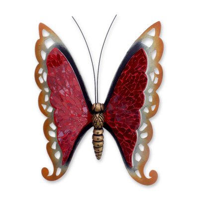 Iron wall sculpture, 'Scarlet Butterfly' - Iron wall sculpture