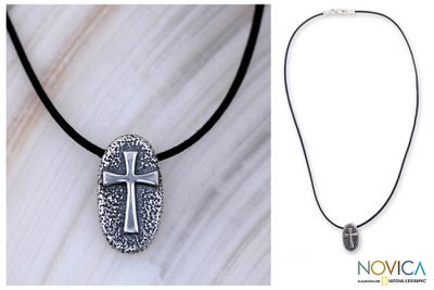 Men's sterling silver cross necklace, 'Crusader' - Men's Handcrafted Cross Sterling Silver Pendant Necklace