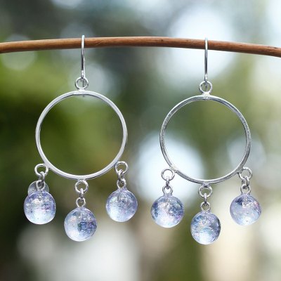Dichroic art glass earrings, 'Winter Sun' - Unique Mexican Women's Sterling Silver Beaded Earrings