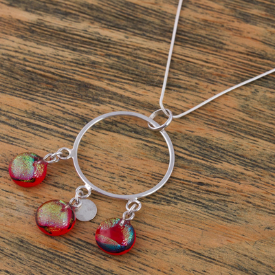 Dichroic art glass pendant necklace, 'Summer Sun' - Silver Pendant Necklace with Crimson Dichroic Glass