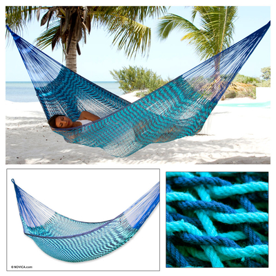 Cotton hammock, 'Riviera Sapphire' (double) - Fair Trade Blue Cotton Striped Rope Hammock (Double)