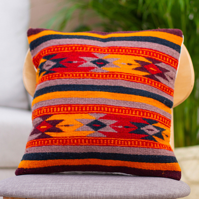 Wool and cotton cushion cover, 'Zapotec Stars' - Geometric Wool Patterned Cushion Cover from Mexico