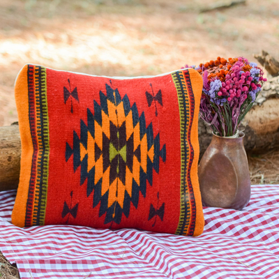Wool cushion cover, 'Sun of Oaxaca' - Geometric Wool Patterned Red Cushion Cover