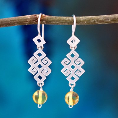 Copal dangle earrings, 'Chiapas Maya' - Handmade Sterling Silver and Copal Amber Earrings