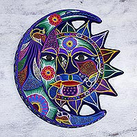 Ceramic wall adornment, 'Fantastical Eclipse' - Hand Painted Sun and Moon Ceramic Wall Art