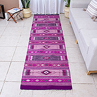 Zapotec wool rug, 'Violet Suns and Mountains' (2.5x10)