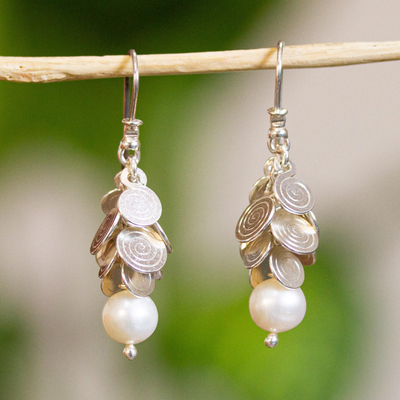 Cultured pearl waterfall earrings, 'Popocateptl Moon' - Sterling Silver and Pearl Waterfall Earrings from Mexico