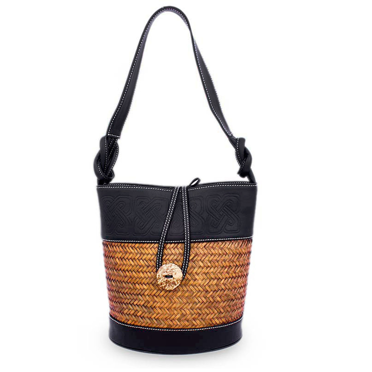 Palm and leather accent handbag - Black Maya Equilibrium | NOVICA