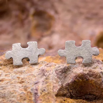 Silver button earrings, 'Puzzle' - Hand Crafted Modern Fine Silver Button Earrings
