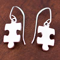Silver dangle earrings, 'Puzzle' - Handcrafted Modern Fine Silver Dangle Earrings