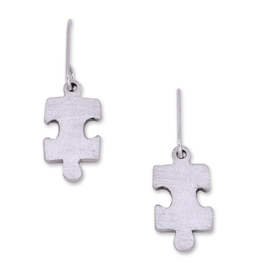 Silver dangle earrings, 'Puzzle' - Handcrafted Modern Fine Silver Dangle Earrings