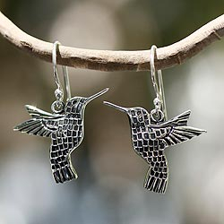 Silver dangle earrings, 'Aztec Hummingbird' - Hand Made Fine Silver Dangle Bird Earrings