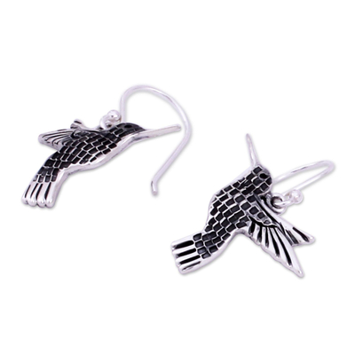 Silver dangle earrings, 'Aztec Hummingbird' - Hand Made Fine Silver Dangle Bird Earrings