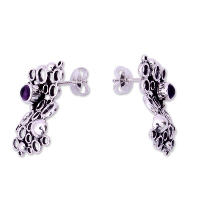 Amethyst button earrings, 'Mischief' - Mexican Modern Fine Silver Amethyst Earrings