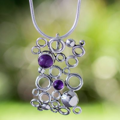 Amethyst pendant necklace, 'Mischief' - Unique Modern Fine Silver Pendant Necklace with Amethyst