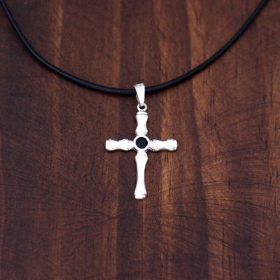 Men's sterling silver cross necklace, 'Skeletal Faith' - Men's Silver Onyx Cross Necklace