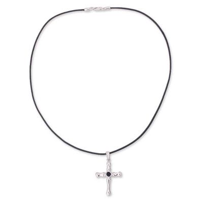Men's sterling silver cross necklace, 'Skeletal Faith' - Men's Silver Onyx Cross Necklace