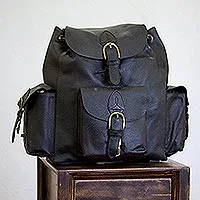 Leather backpack, 'Black Deluxe' - Leather backpack