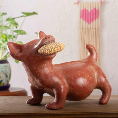 Keramikfigur, 'Colima Hund mit Mais'. - Keramische Hundeskulptur Replik der mexikanischen Archäologie