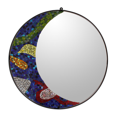 Glass mosaic wall mirror, 'Fiesta Moon' - Glass Mosaic Crescent Moon Wall Mirror from Mexico
