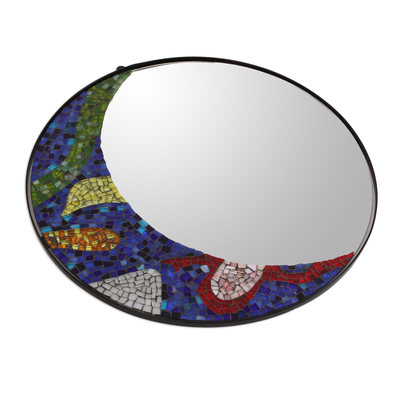 Espejo de pared con mosaico de vidrio, 'Fiesta Moon' - Espejo de pared con mosaico de vidrio Crescent Moon de México
