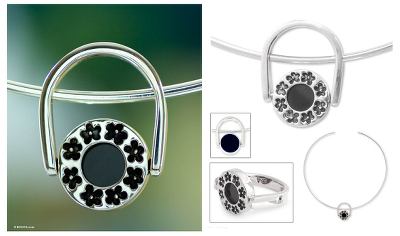 Obsidian jewelry set, 'Taxco Blooms' - Obsidian jewellery set