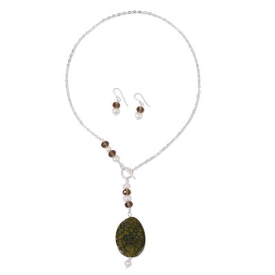 Handmade Agate Jewelry Set with Pearl and Sterling Silver