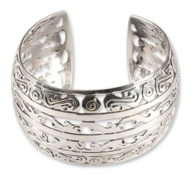 Sterling silver cuff bracelet, 'Aztec Sea Waves' - Sterling silver cuff bracelet