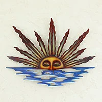 Steel wall art, 'Sunset in Sayulita' - Artisan Crafted Mexican Sun and Moon Steel Wall Art