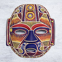 Ceramic mask, 'Golden Olmec Lord' - Collectible Mexican Ceramic Mask with Yellow Birds 